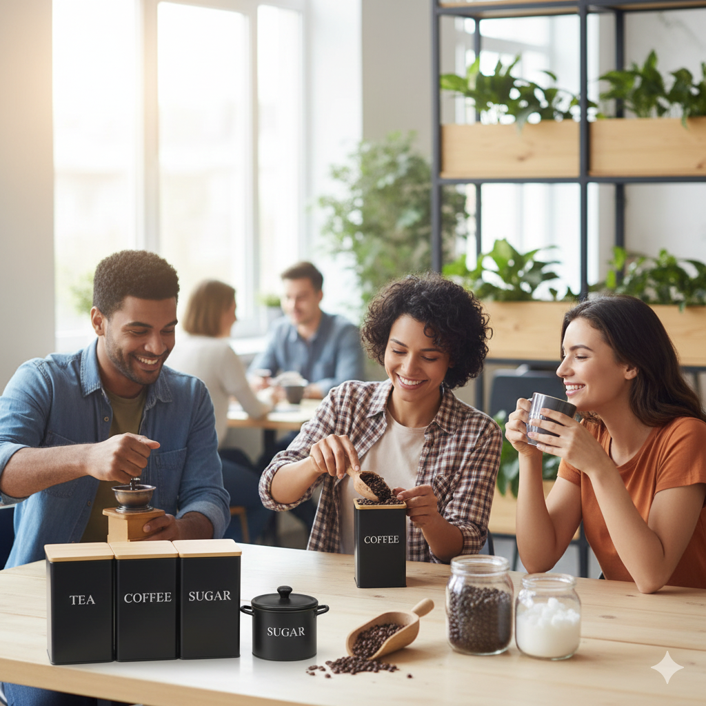 Set de boîtes de rangement en métal avec couvercles en bambou – café, thé et sucre