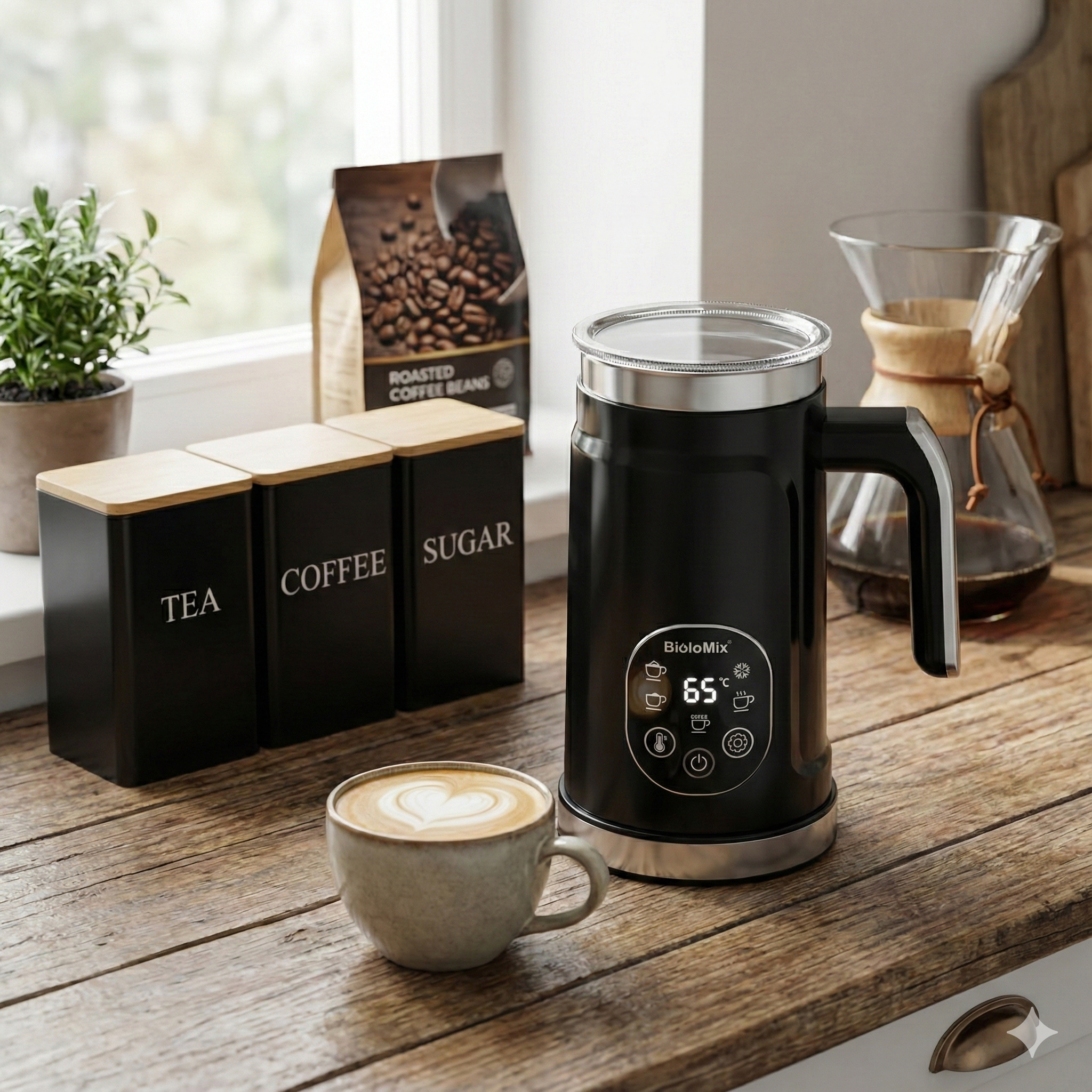 Set de boîtes de rangement en métal avec couvercles en bambou – café, thé et sucre