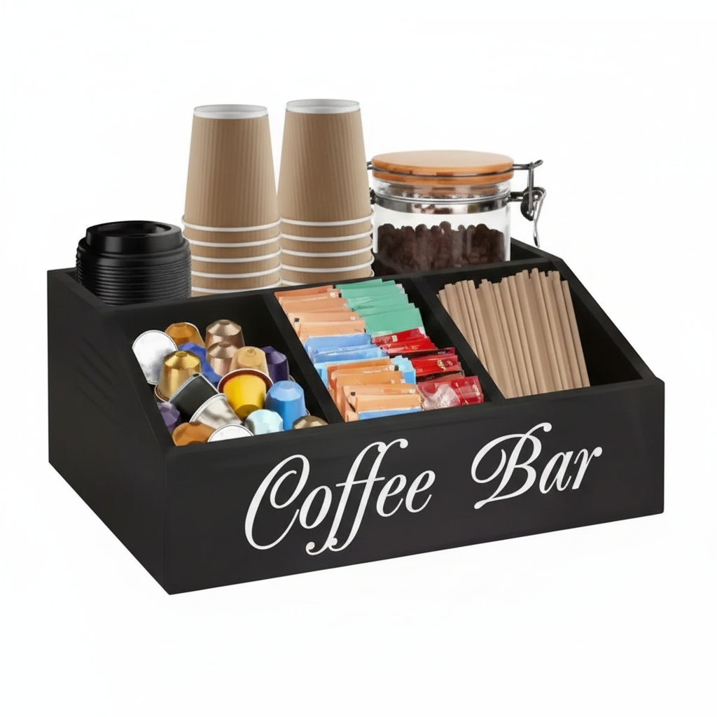 Boîte de rangement en bois pour capsules et accessoires café