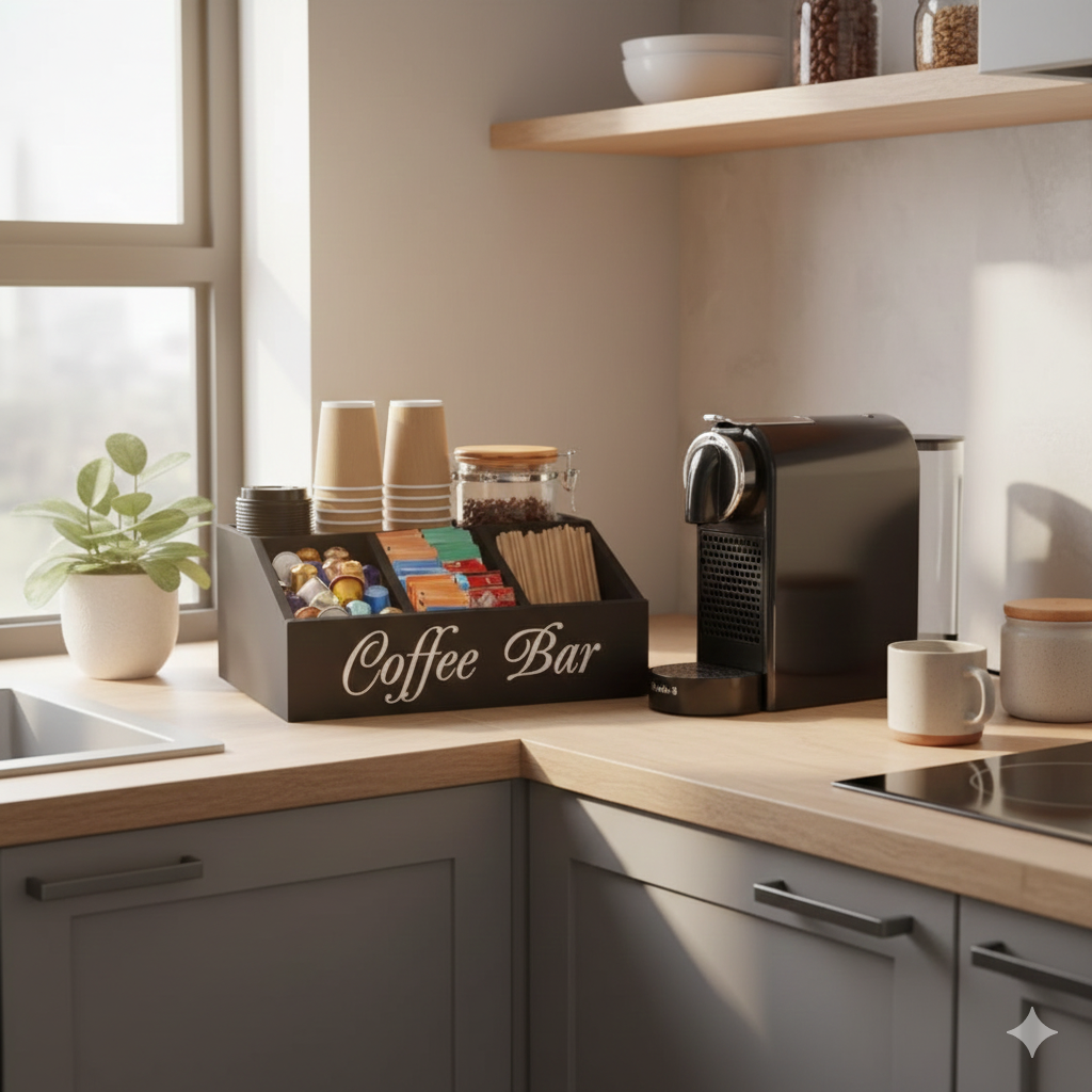 Boîte de rangement en bois pour capsules et accessoires café