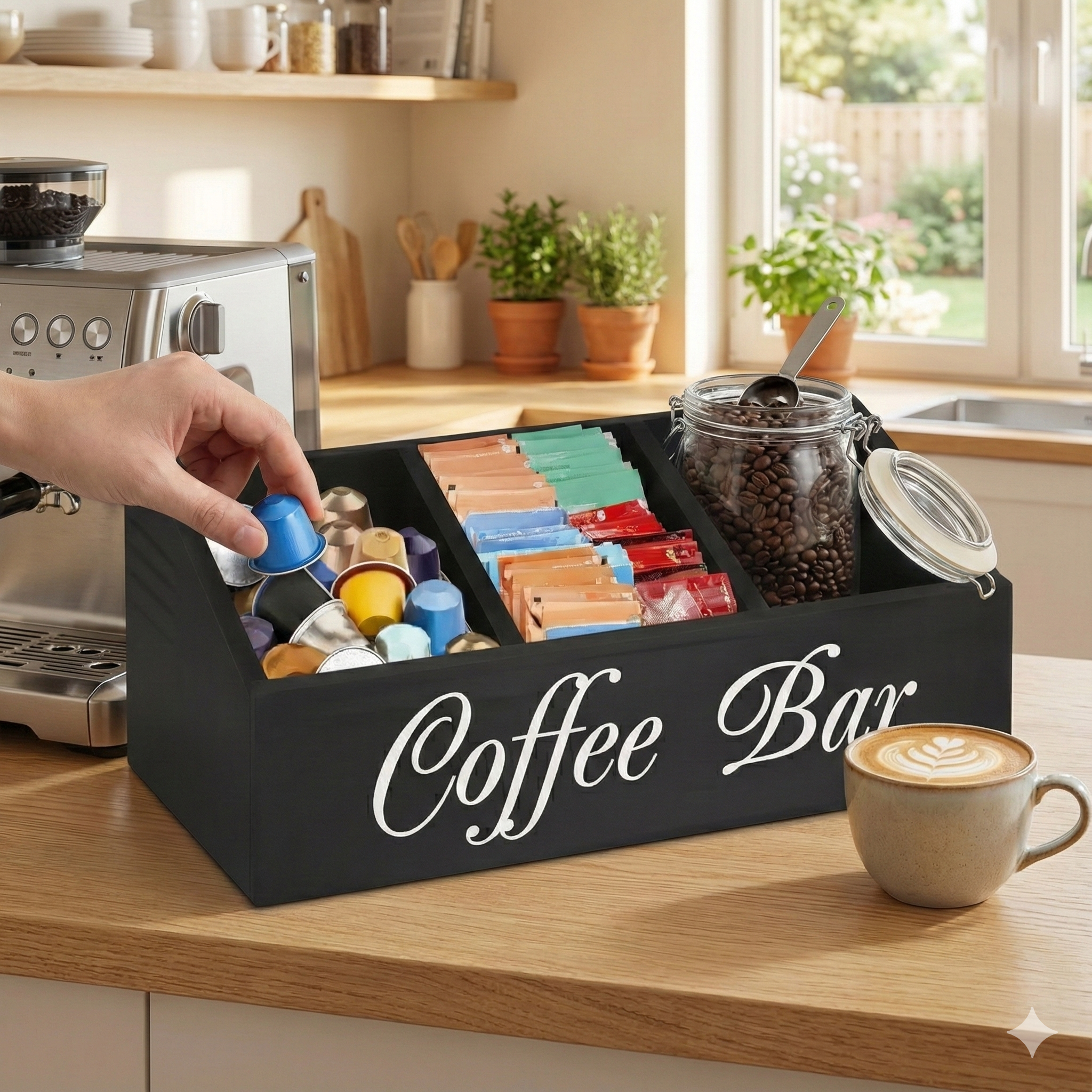 Boîte de rangement en bois pour capsules et accessoires café